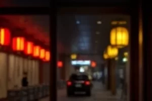 赤线地带中街区夜景与霓虹招牌的冷暖对比