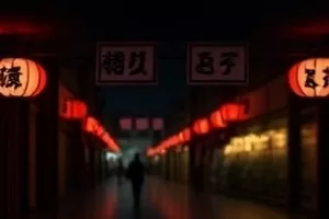 麦秋中室内走廊的对称构图与和服背影